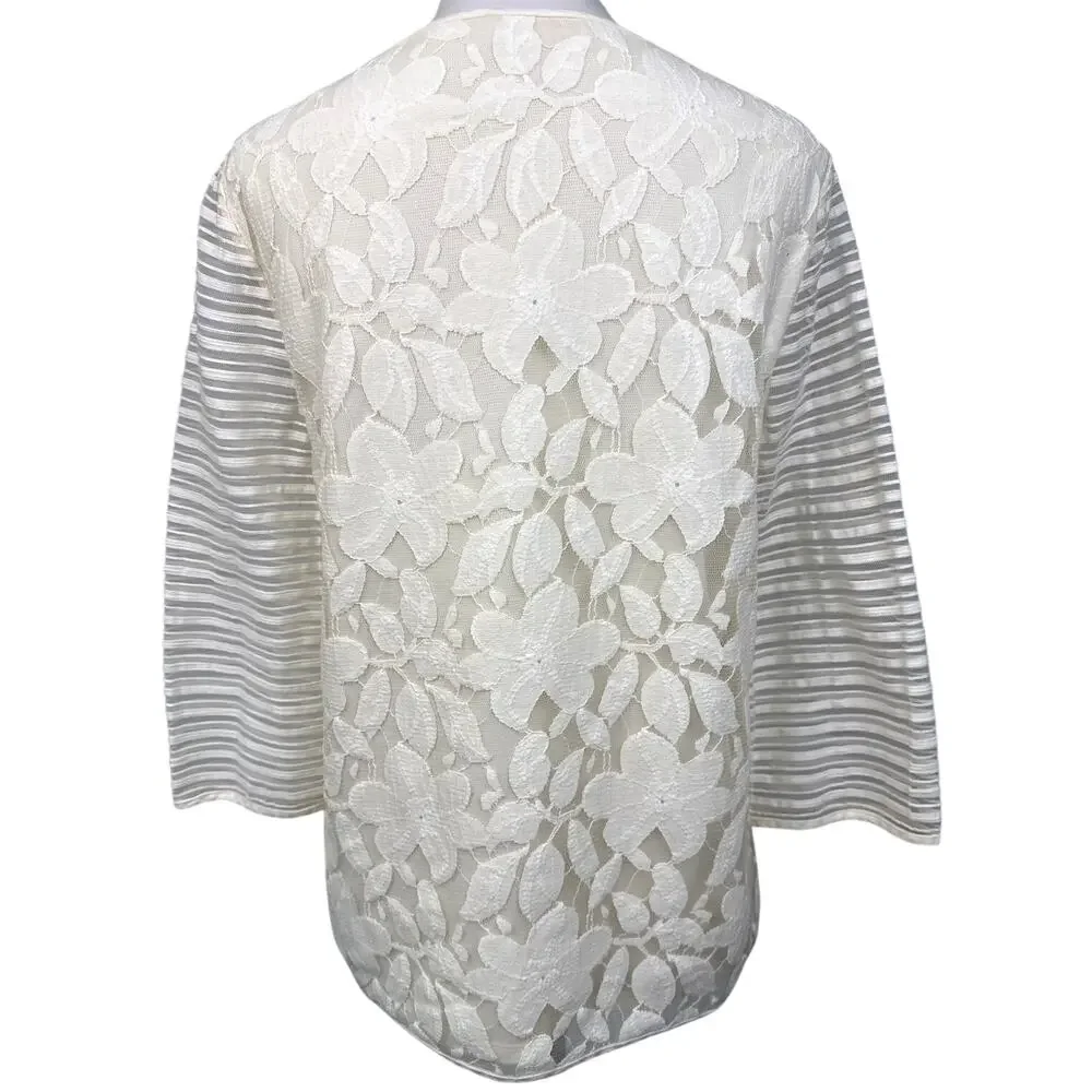 Tory Burch Cream Lace Front Boat Neck Top Sheer Stripe Sleeves 3/4 Sleeve Small